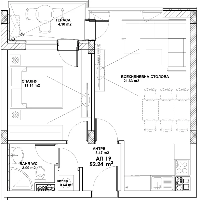 Разпределение на двустаен апартамент AP-19, 59.94 м², етаж 3