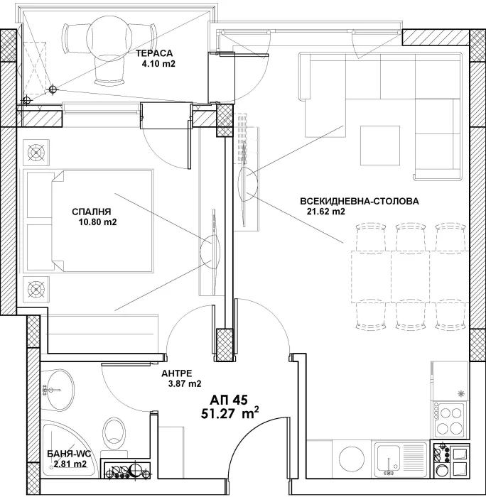 Разпределение на двустаен апартамент AP-45, 58.94 м², етаж 5