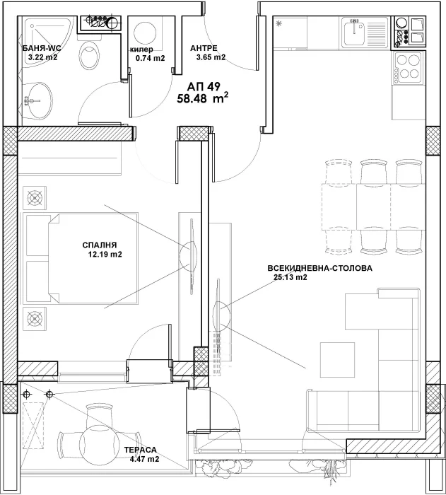 Разпределение на двустаен апартамент AP-49, 67.93 м², етаж 6