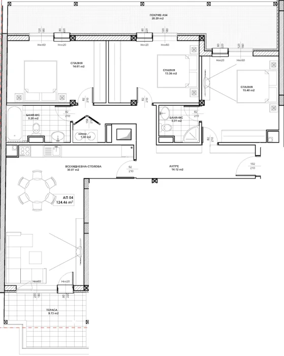 Разпределение на четиристаен апартамент AP-54, 141.06 м², етаж 7