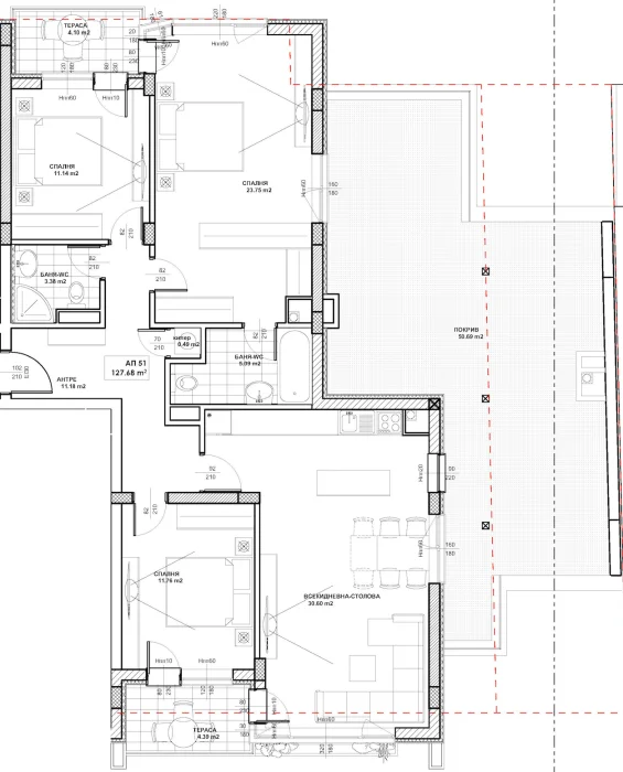 Разпределение на четиристаен апартамент AP-51, 146.51 м², етаж 6