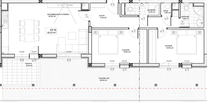 Разпределение на тристаен апартамент AP-55, 105.58 м², етаж 7